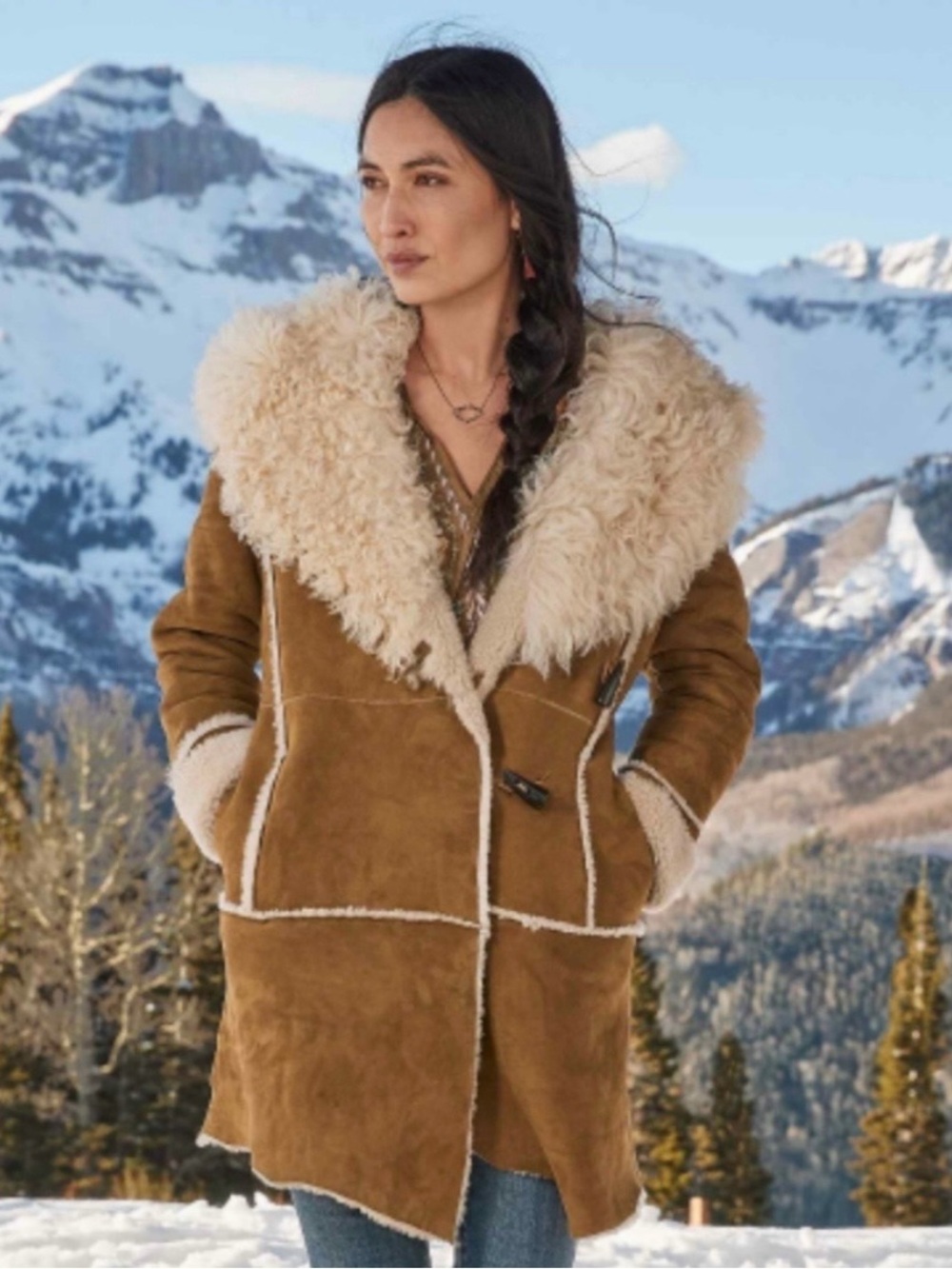 Sundance Gwyneth Shearling Leather Penny Lane Coat in Saddle